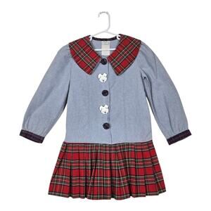 VTG Peaches & Cream Dress Girls Sz 6 Blue Red Plaid Novelty Dog Buttons School